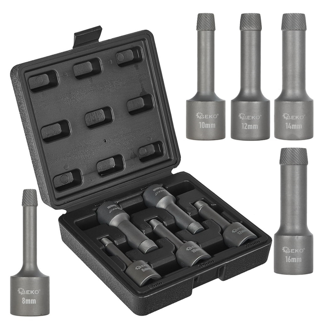 GEKO 1/2" Professionele extractor set met spiraalprofiel, 8 10 12 14 16 mm, geschikt voor ratel breekijzer en slagsleutel