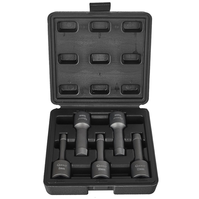 GEKO 1/2" Professionele extractor set met spiraalprofiel, 8 10 12 14 16 mm, geschikt voor ratel breekijzer en slagsleutel