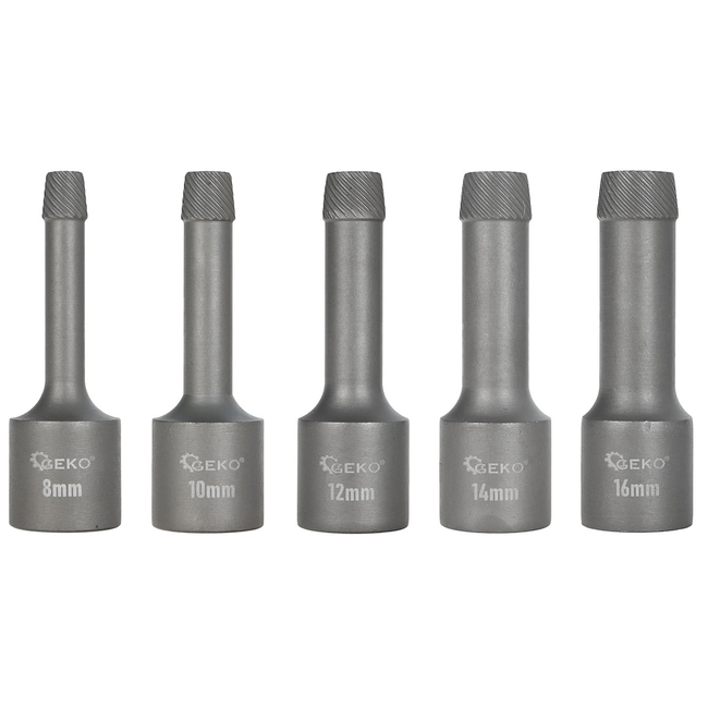GEKO 1/2" Professionele extractor set met spiraalprofiel, 8 10 12 14 16 mm, geschikt voor ratel breekijzer en slagsleutel