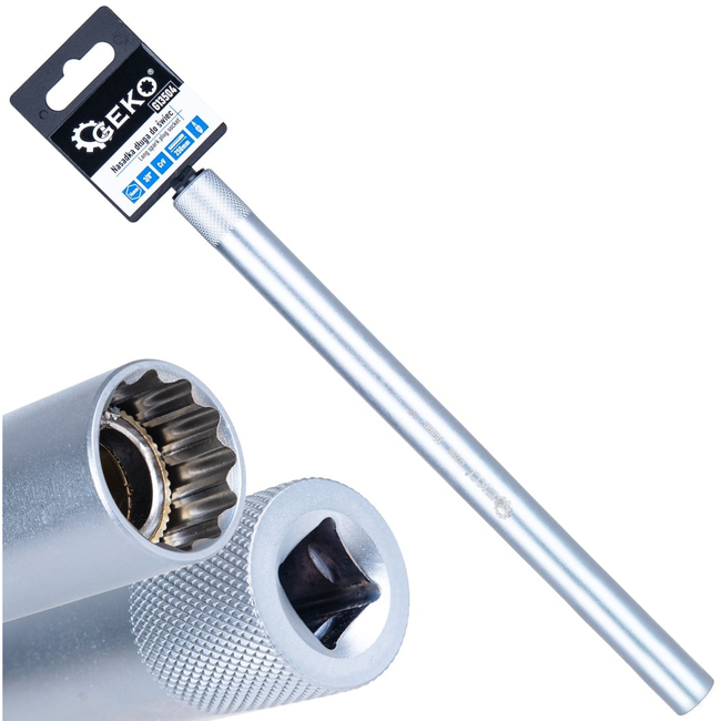 GEKO 3/8" Dunwandige diepe bougiesleutel 14 mm met 12-punts profiel, 250 mm lang, voor ratel en momentsleutel