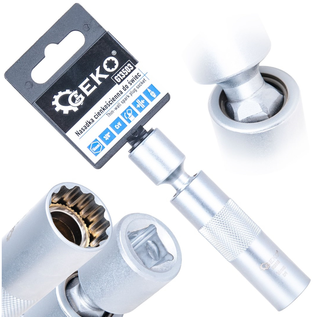 GEKO 3/8" Bougiedop 16 mm voor krappe bougieschachten, cardan voor werken onder hoek, chroom-vanadium