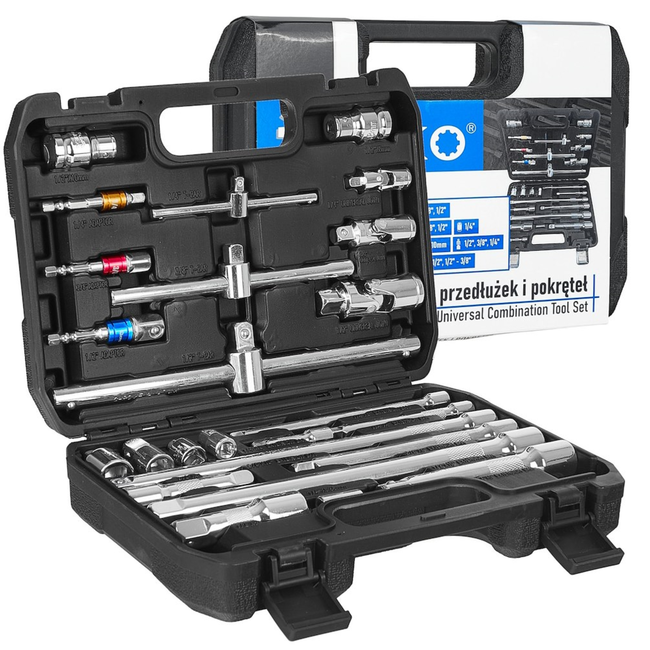 GEKO Universele doppen accessoire koffer 25 stuks, 6,35 mm 9,5 mm 12,7 mm, inclusief cardans en adapters