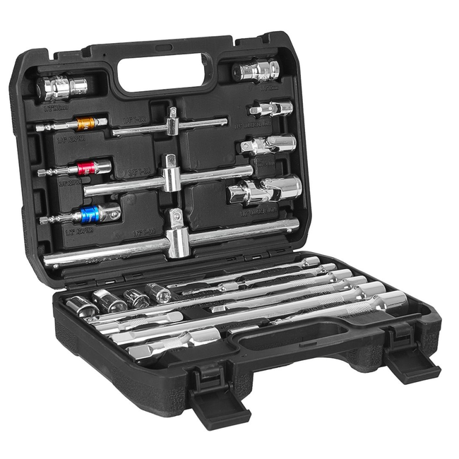 GEKO Universele doppen accessoire koffer 25 stuks, 6,35 mm 9,5 mm 12,7 mm, inclusief cardans en adapters