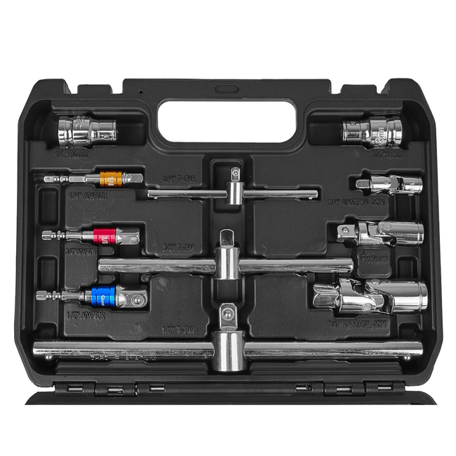 GEKO Universele doppen accessoire koffer 25 stuks, 6,35 mm 9,5 mm 12,7 mm, inclusief cardans en adapters