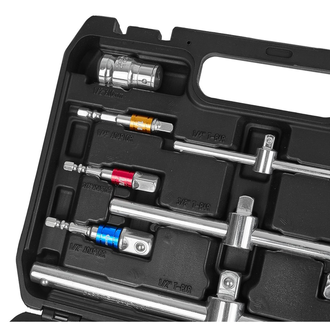 GEKO Universele doppen accessoire koffer 25 stuks, 6,35 mm 9,5 mm 12,7 mm, inclusief cardans en adapters