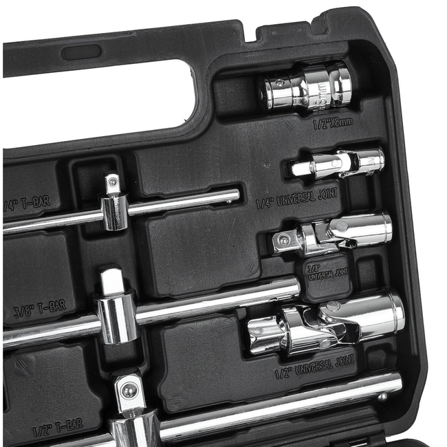 GEKO Universele doppen accessoire koffer 25 stuks, 6,35 mm 9,5 mm 12,7 mm, inclusief cardans en adapters