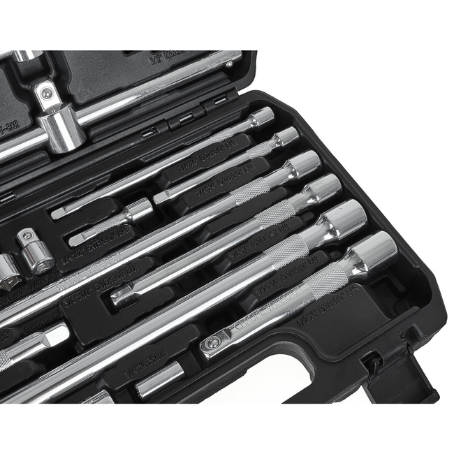 GEKO Universele doppen accessoire koffer 25 stuks, 6,35 mm 9,5 mm 12,7 mm, inclusief cardans en adapters