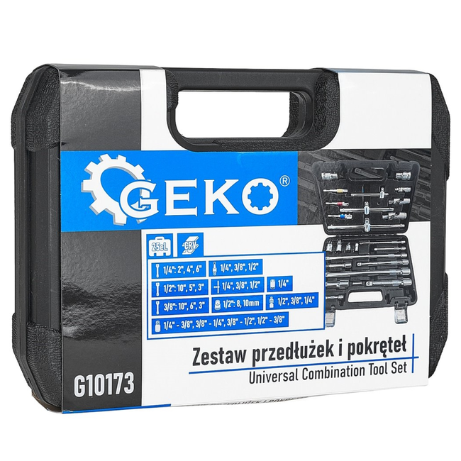 GEKO Universele doppen accessoire koffer 25 stuks, 6,35 mm 9,5 mm 12,7 mm, inclusief cardans en adapters
