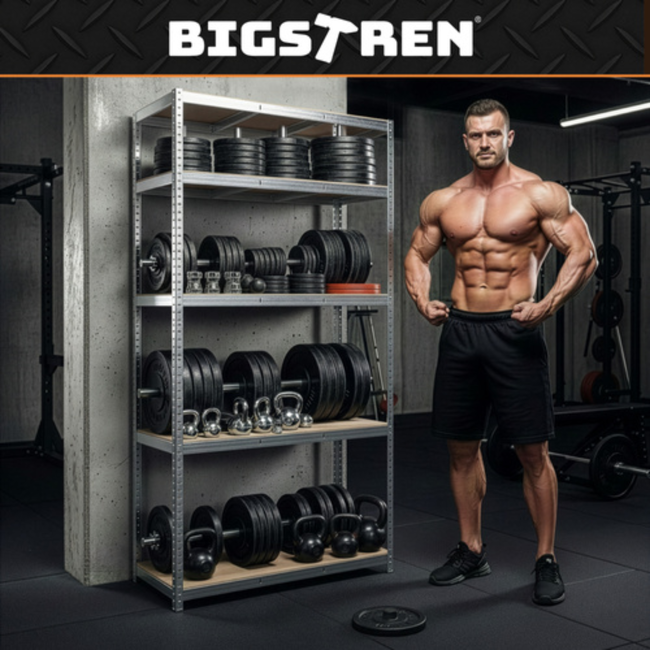 Bigstren Metalen stellingkast 5 niveaus met verzinkt frame en MDF legplanken, 200 kg per legbord, 180 cm hoog