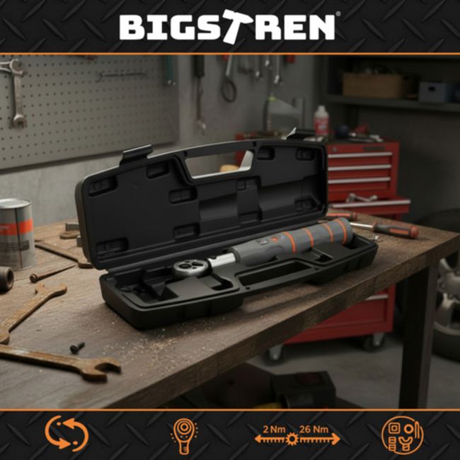 Bigstren Precieze momentsleutel 2–26 Nm met ratelkop en links rechts schakelaar, ergonomische grip