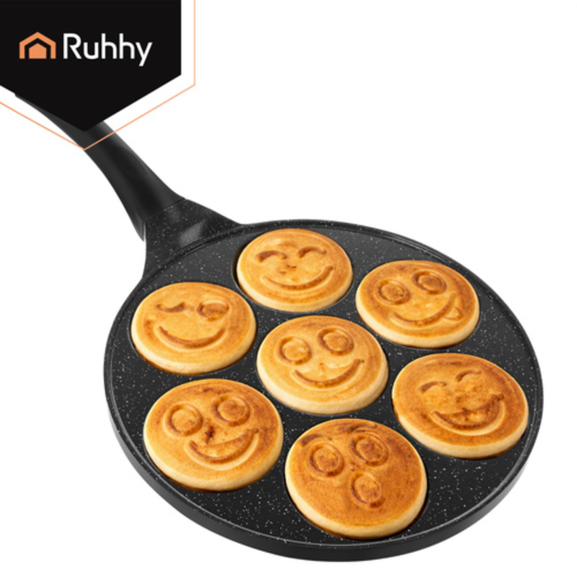 Ruhhy Zwarte mini pannenkoekenpan voor inductie en gas, 7 stuks tegelijk, afneembare koele handgreep