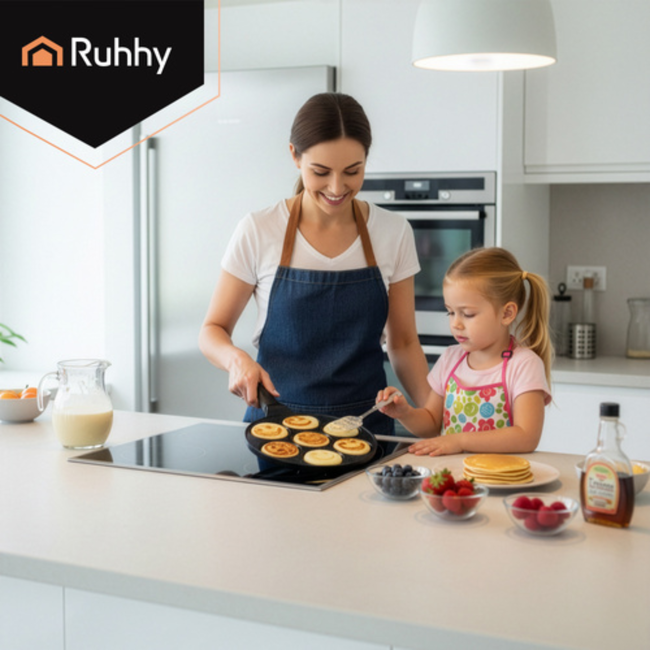 Ruhhy Zwarte mini pannenkoekenpan voor inductie en gas, 7 stuks tegelijk, afneembare koele handgreep