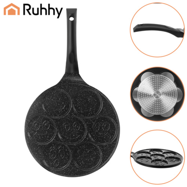 Ruhhy Zwarte mini pannenkoekenpan voor inductie en gas, 7 stuks tegelijk, afneembare koele handgreep