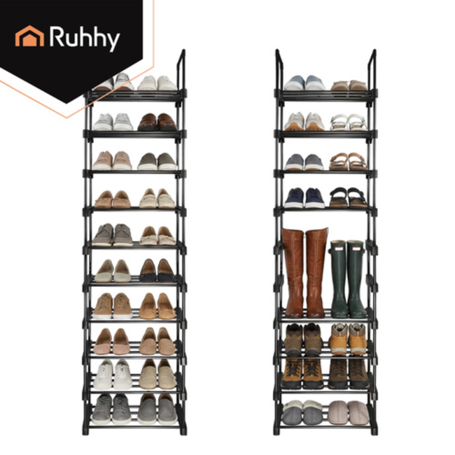 Ruhhy Schoenenrek 10 niveaus 45 x 30 x 174 cm zwart, tot 20 paar schoenen met extra slippersschap