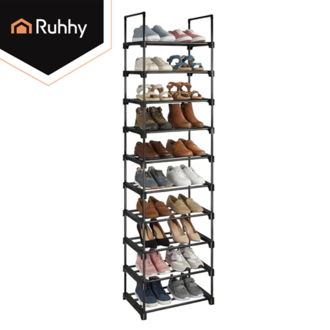 Ruhhy Schoenenrek 10 niveaus 45 x 30 x 174 cm zwart, tot 20 paar schoenen met extra slippersschap