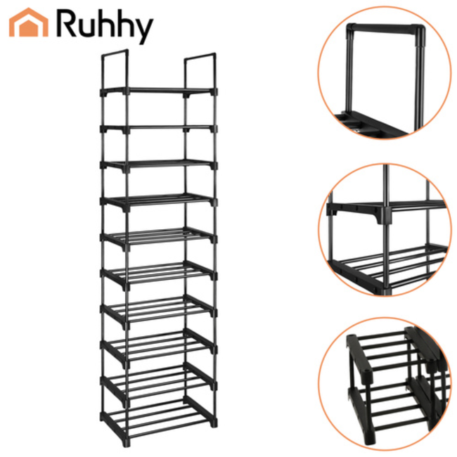 Ruhhy Schoenenrek 10 niveaus 45 x 30 x 174 cm zwart, tot 20 paar schoenen met extra slippersschap