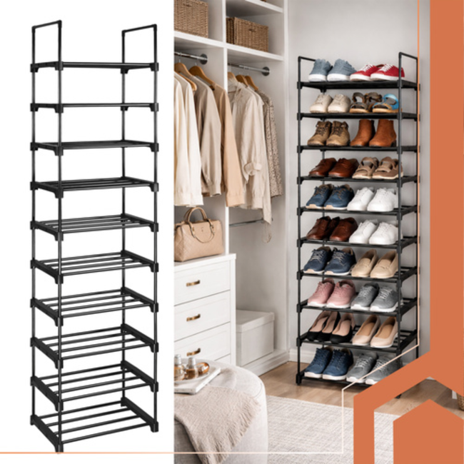 Ruhhy Schoenenrek 10 niveaus 45 x 30 x 174 cm zwart, tot 20 paar schoenen met extra slippersschap