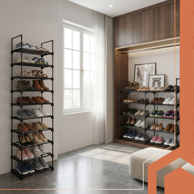 Ruhhy Schoenenrek 10 niveaus 45 x 30 x 174 cm zwart, tot 20 paar schoenen met extra slippersschap