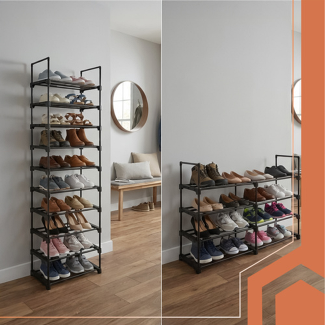 Ruhhy Schoenenrek 10 niveaus 45 x 30 x 174 cm zwart, tot 20 paar schoenen met extra slippersschap