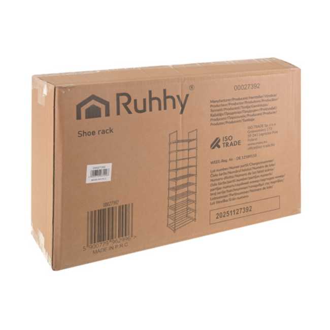 Ruhhy Schoenenrek 10 niveaus 45 x 30 x 174 cm zwart, tot 20 paar schoenen met extra slippersschap