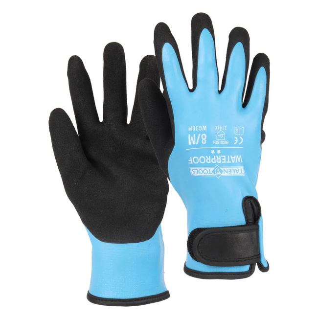 Talen Tools Waterbestendige werkhandschoenen maat L, blauw met nitril grip voor olie, vet en natte klussen