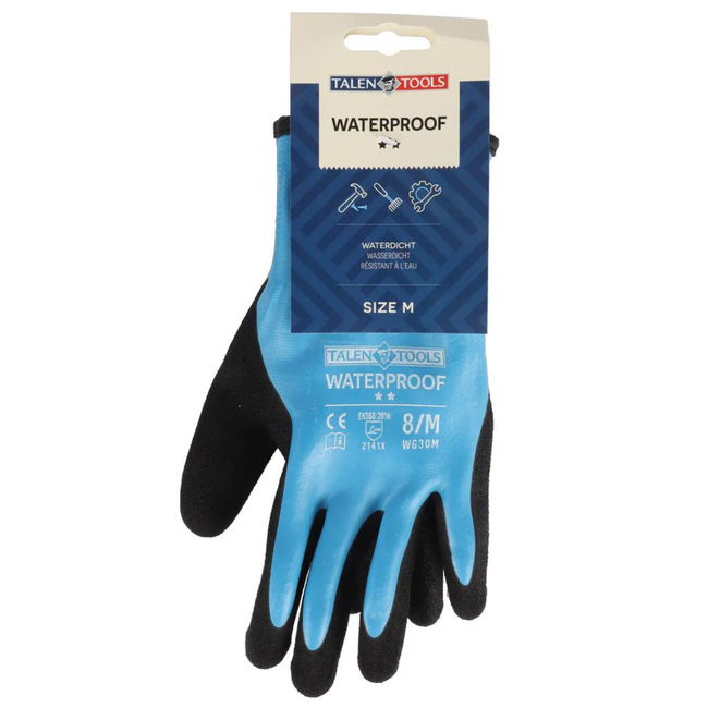 Talen Tools Waterbestendige werkhandschoenen maat M, blauw met nitril grip voor olie, vet en natte klussen