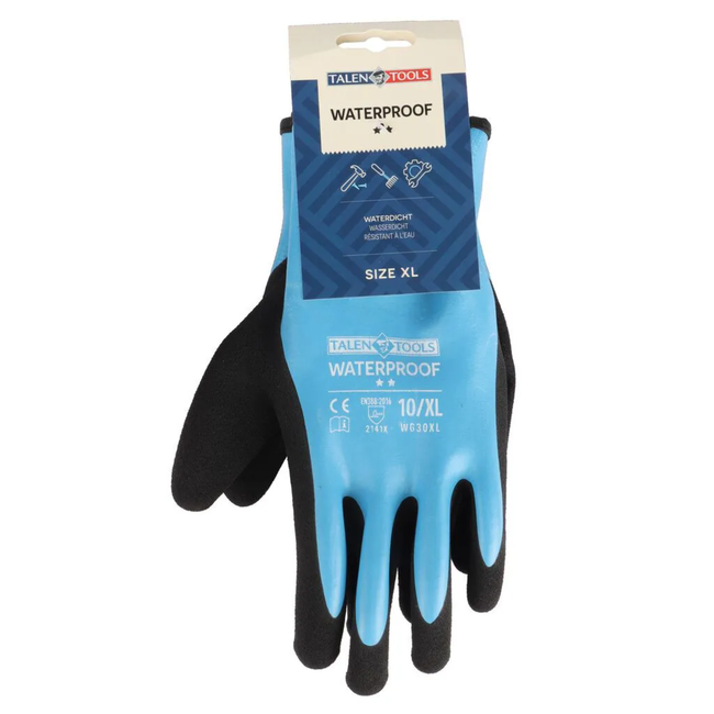 Talen Tools Waterbestendige werkhandschoenen maat XL, blauw met nitril grip voor olie, vet en natte klussen