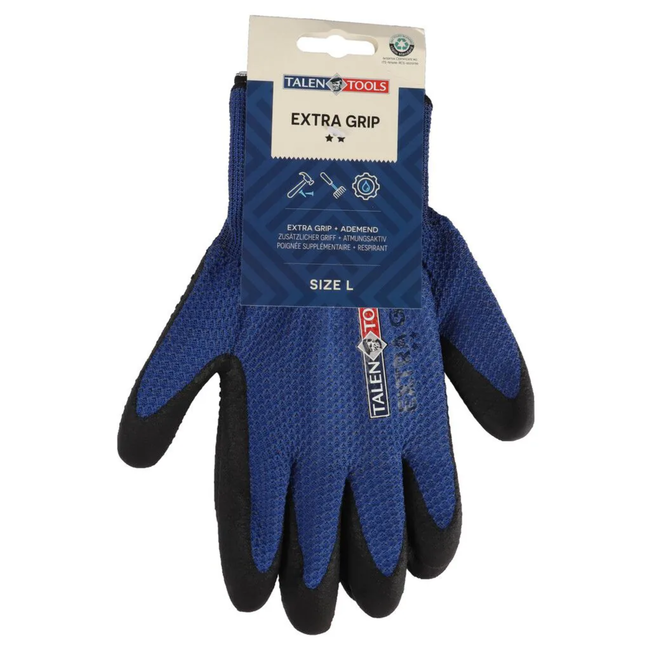 Talen Tools Werkhandschoenen maat L blauw met extra grip, gerecycled polyester en hoge bies