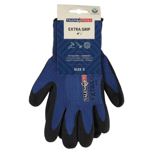 Talen Tools Werkhandschoenen maat S blauw met extra grip, gerecycled polyester en hoge bies