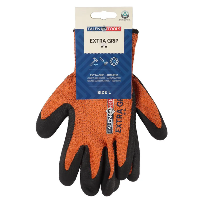 Talen Tools Werkhandschoenen maat L oranje met extra grip, gerecycled polyester en nitril noppen