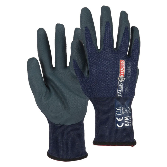 Talen Tools Werkhandschoenen maat S donkerblauw van gerecycled polyester met nitril grip en schuimlaag