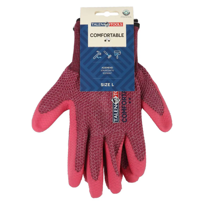 Talen Tools Roze comfort werkhandschoenen maat L met dempende schuimlaag, nitril grip bij natte en vettige klussen en hoge bies voor extra polsbescherming