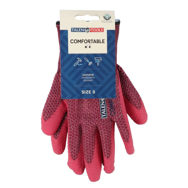 Talen Tools Roze comfort werkhandschoenen maat S met dempende schuimlaag, nitril grip bij natte en vettige klussen en hoge bies voor extra polsbescherming