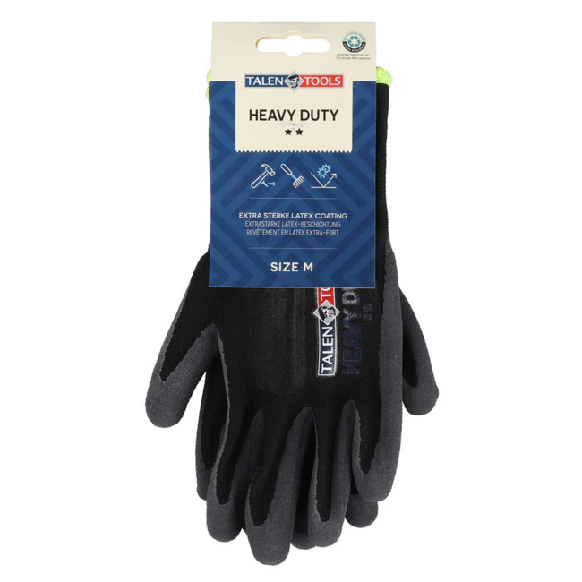Talen Tools Heavy duty werkhandschoenen maat M zwart, schuurbestendig met elastische pasvorm en latex grip