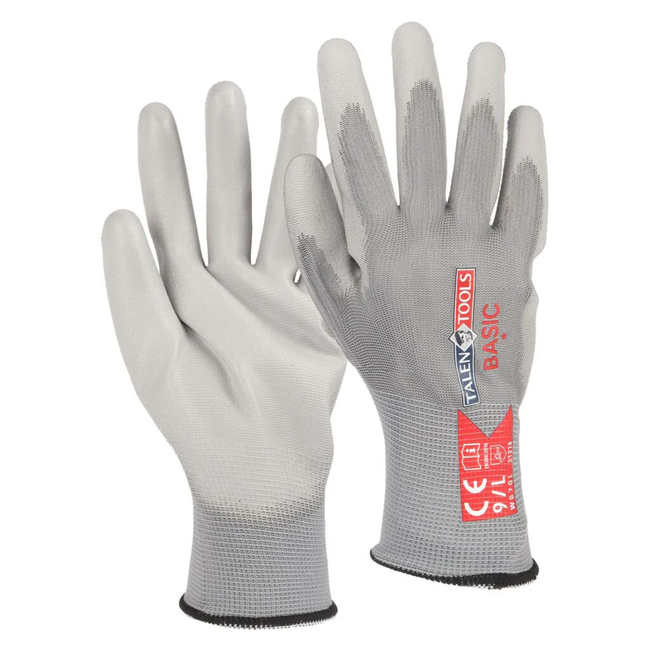 Talen Tools Werkhandschoenen maat XL grijs met dunne PU coating voor extra grip en hoge vingergevoeligheid