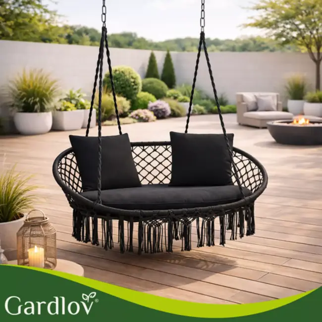 Gardlov Comfortabel kussenset voor dubbele tuin schommel storksnest met zitkussen en 2 rugkussens in zwart