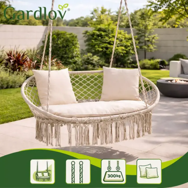 Gardlov Hangstoel voor 2 personen crème met 3 kussens en stevige ophangtouwen