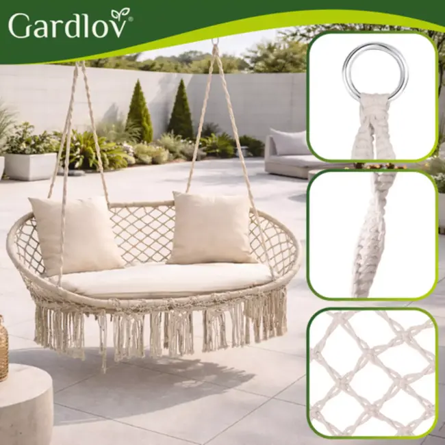 Gardlov Hangstoel voor 2 personen crème met 3 kussens en stevige ophangtouwen