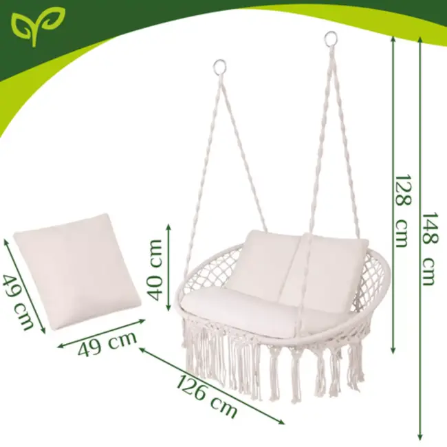 Gardlov Hangstoel voor 2 personen crème met 3 kussens en stevige ophangtouwen