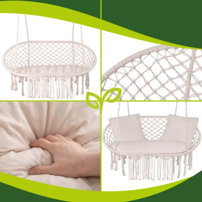 Gardlov Hangstoel voor 2 personen crème met 3 kussens en stevige ophangtouwen