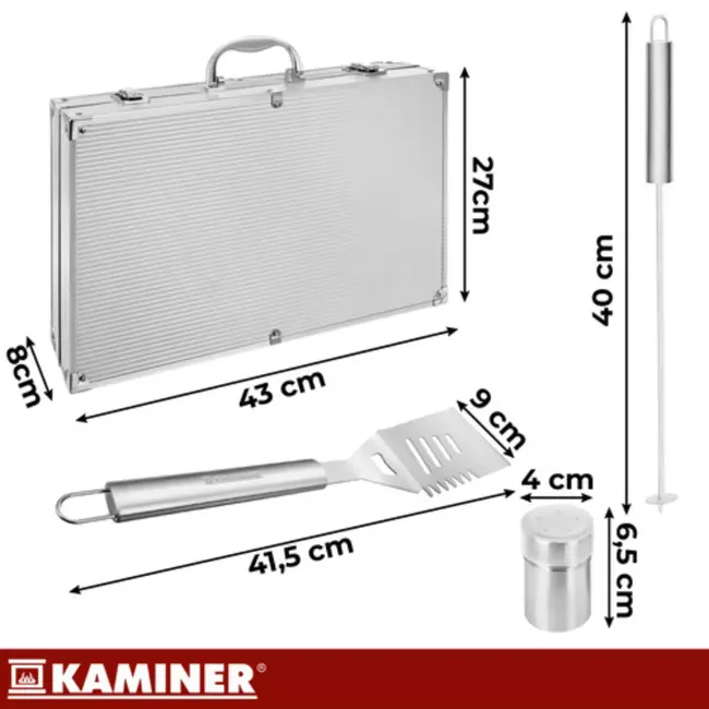 Kaminer Complete barbecue gereedschapset 26 delig met rvs grilltools, steakmessen, spiesen en aluminium opbergkoffer