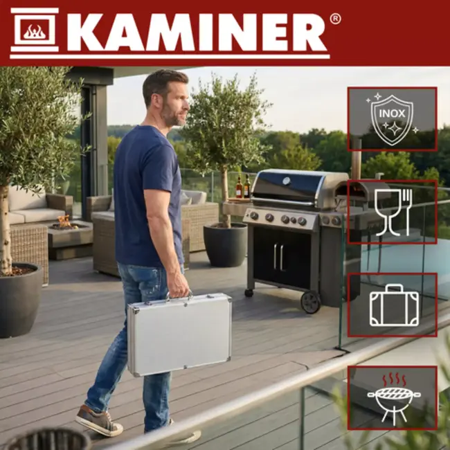 Kaminer Complete barbecue gereedschapset 26 delig met rvs grilltools, steakmessen, spiesen en aluminium opbergkoffer