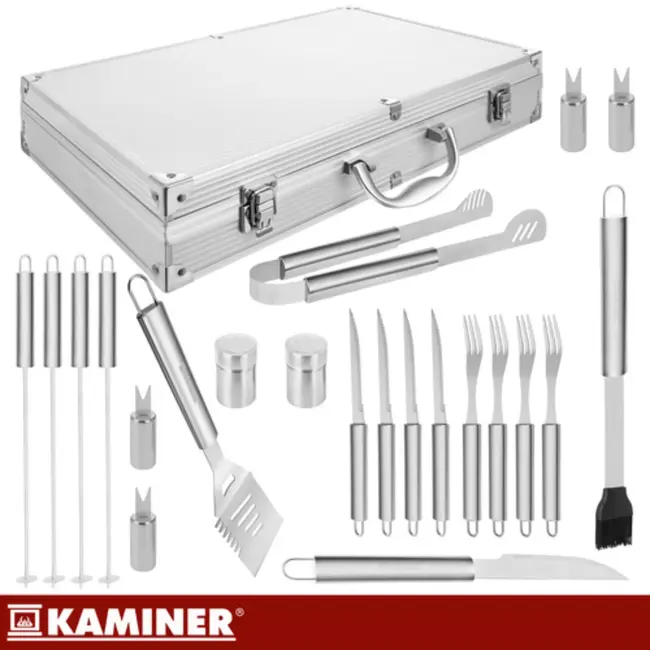 Kaminer Complete barbecue gereedschapset 26 delig met rvs grilltools, steakmessen, spiesen en aluminium opbergkoffer