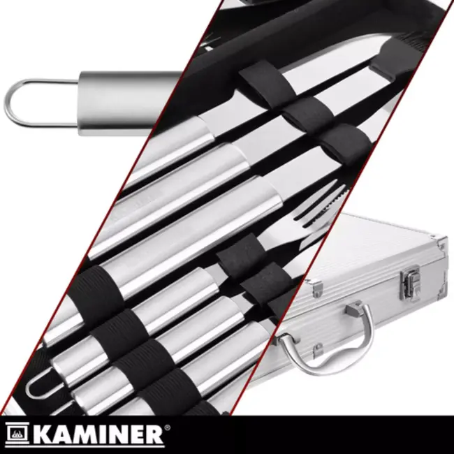 Kaminer Complete barbecue gereedschapset 26 delig met rvs grilltools, steakmessen, spiesen en aluminium opbergkoffer