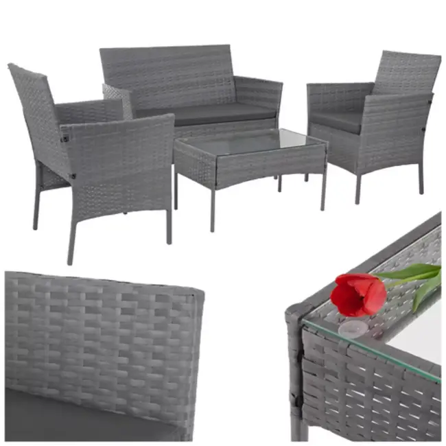 Gardlov Donkergrijze rattan tuinmeubelset met tweezitsbank, 2 stoelen en tafel met glazen blad
