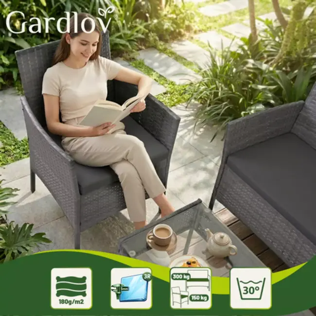 Gardlov Donkergrijze rattan tuinmeubelset met tweezitsbank, 2 stoelen en tafel met glazen blad