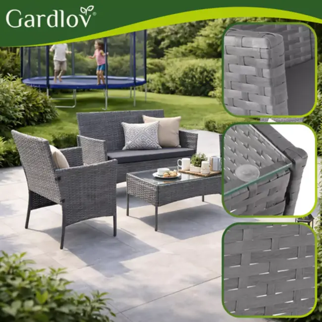 Gardlov Donkergrijze rattan tuinmeubelset met tweezitsbank, 2 stoelen en tafel met glazen blad