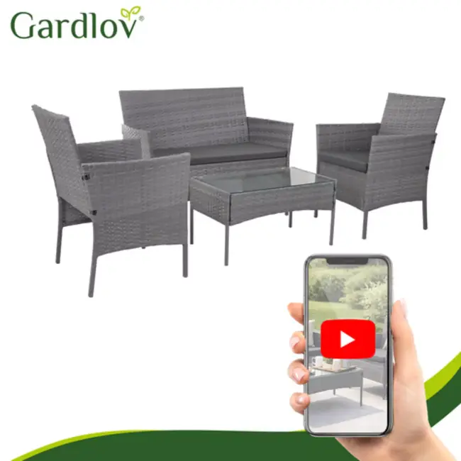 Gardlov Donkergrijze rattan tuinmeubelset met tweezitsbank, 2 stoelen en tafel met glazen blad