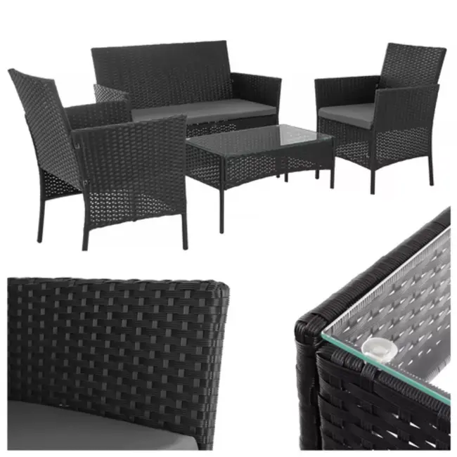 Gardlov Zwarte rattan tuinmeubelset met tweezitsbank, 2 stoelen, glazen tafel en grijze kussens