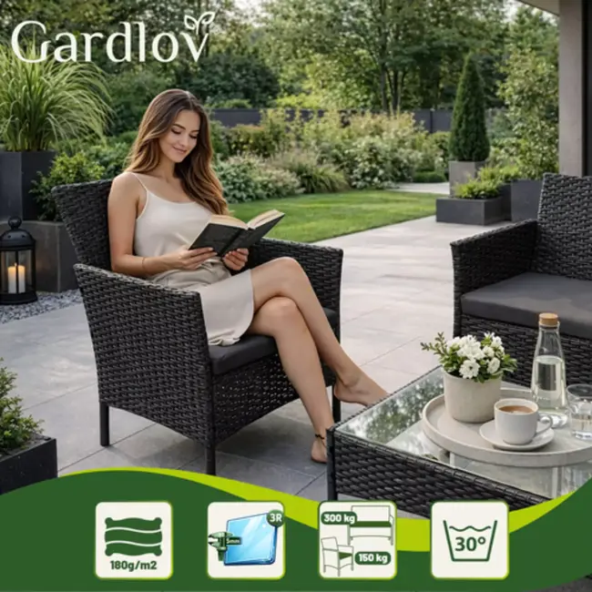 Gardlov Zwarte rattan tuinmeubelset met tweezitsbank, 2 stoelen, glazen tafel en grijze kussens